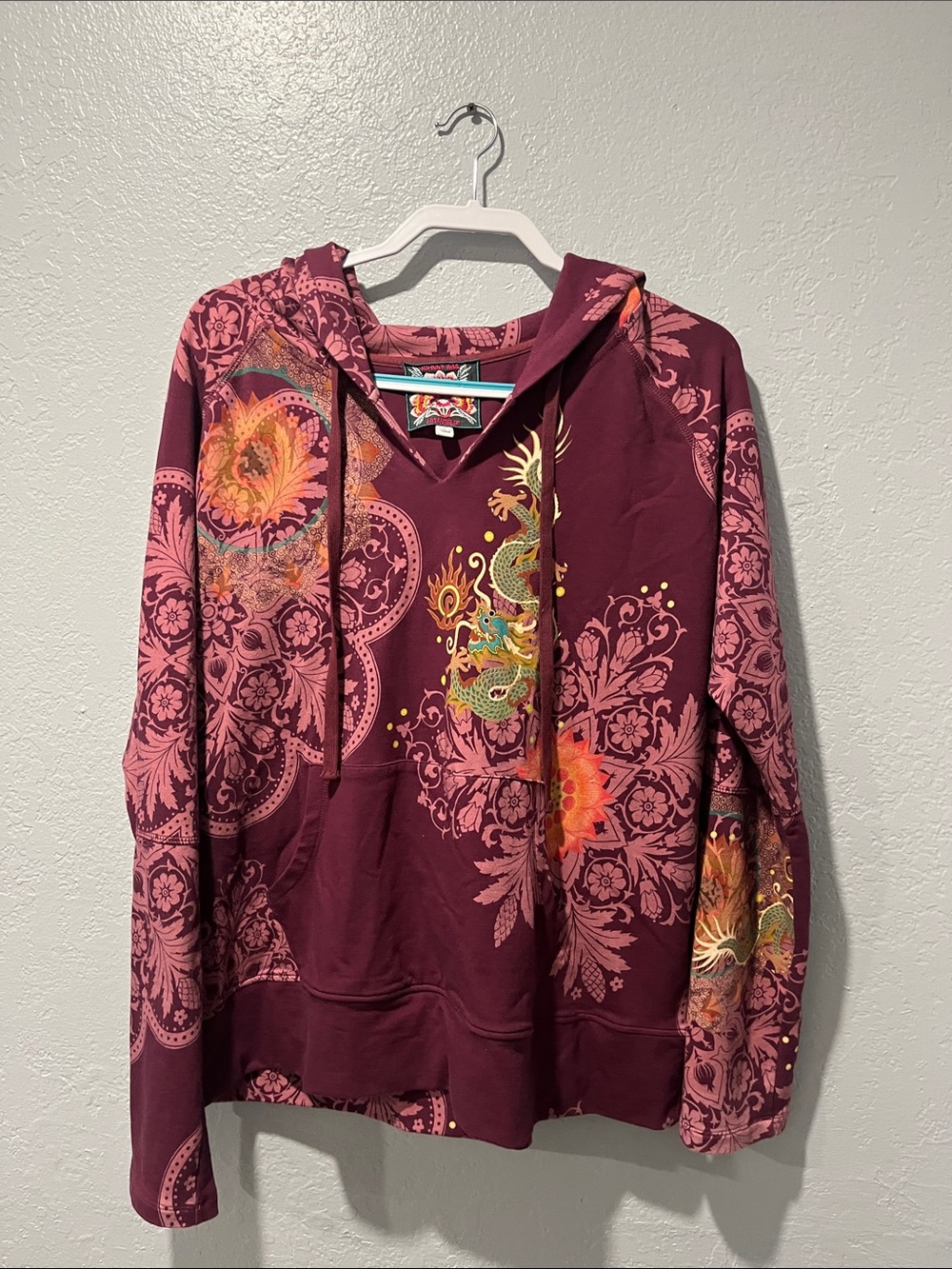 Johnny Was Plum Embroidered Hooded Pullover with Multicolor Floral Motifs